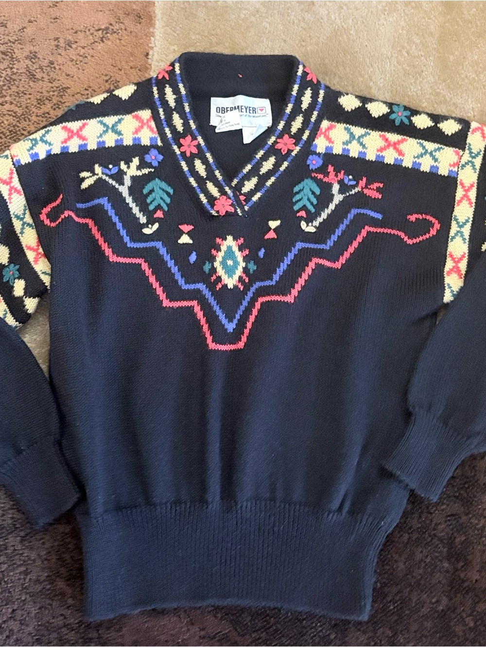 Vintage Obermyer Black V-Neck Sweater with Multicolor Folk Motif - Picture 5 of 6